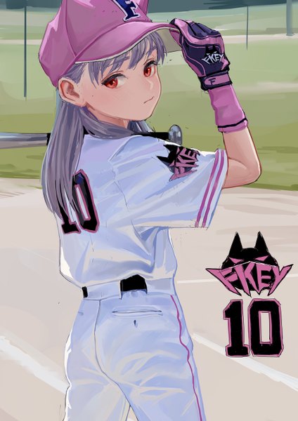 Anime picture 1000x1415 with original feiqizi (fkey) fkey single long hair tall image looking at viewer fringe red eyes standing signed outdoors looking back grey hair from behind inscription short sleeves adjusting hat clothes writing baseball