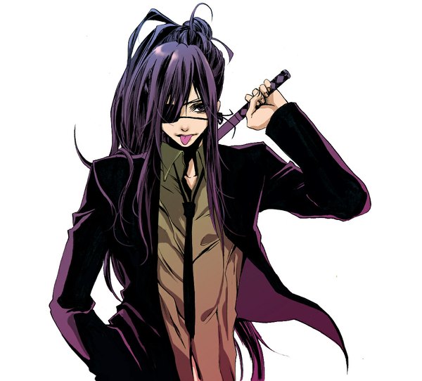 Anime picture 1070x968 with vocaloid kamui gakupo long hair looking at viewer simple background white background purple eyes purple hair ponytail :p hand in pocket boy sword necktie tongue eyepatch suit