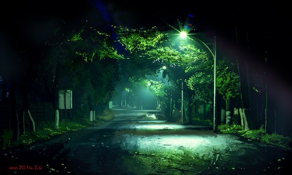 Anime picture 1000x603 with original xi chen chen wide image signed night dated light no people plant (plants) tree (trees) lantern lamppost