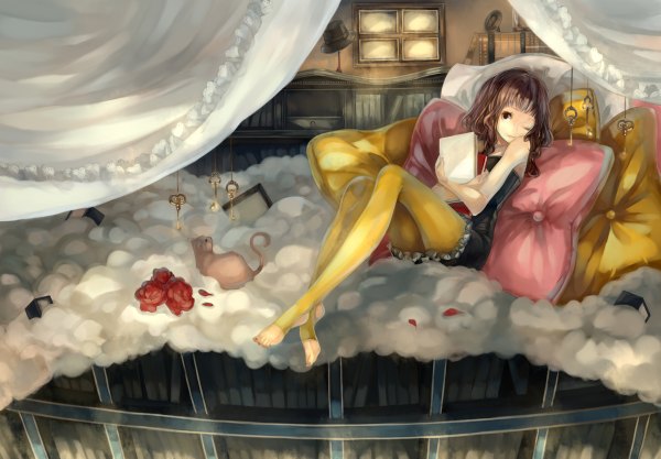 Anime picture 1200x834 with original yuu (higashi no penguin) single looking at viewer short hair brown hair bare shoulders brown eyes cloud (clouds) indoors nail polish one eye closed wink girl flower (flowers) hat petals pillow rose (roses) book (books)