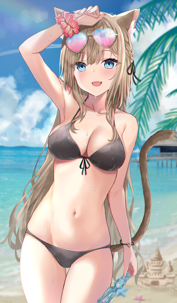 Anime picture 1500x2566 with original akino ell single long hair tall image looking at viewer blush fringe breasts open mouth blue eyes light erotic blonde hair smile large breasts standing holding animal ears sky cleavage