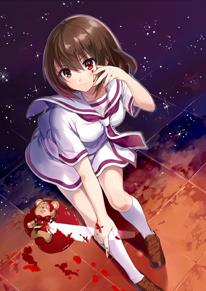 Anime picture 800x1129 with original aki (mare desiderii) single tall image looking at viewer fringe short hair red eyes brown hair brown eyes leaning leaning forward heterochromia blood on face girl uniform socks serafuku shoes blood