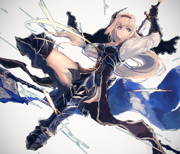 Anime picture 1400x1200 with rean (r ean) single long hair fringe blue eyes simple background blonde hair sitting holding looking away bent knee (knees) grey background squat girl gloves weapon sword black gloves armor headband