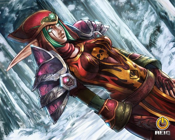Anime picture 1280x1024 with world of warcraft blizzard entertainment reiq (artist) pointy ears realistic facial mark elf face paint girl gloves plant (plants) tree (trees) belt armor fingerless gloves forest skull helmet