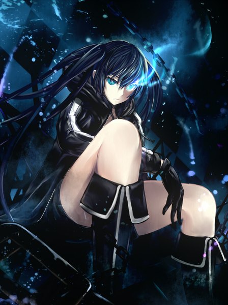 Anime picture 1000x1338 with black rock shooter black rock shooter (character) paparins (artist) long hair tall image blue eyes sitting twintails blue hair looking away glowing glowing eye (eyes) girl gloves shorts chain