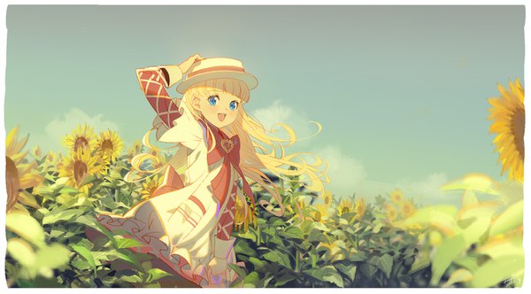 Anime picture 1500x832 with ashita no nadja toei animation nadja applefield alphonse (white datura) single long hair looking at viewer fringe open mouth blue eyes blonde hair wide image sky outdoors wind border hand on head girl flower (flowers) hat