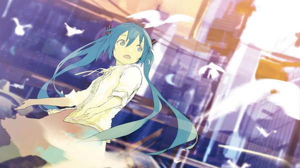 Anime picture 1920x1080 with vocaloid hatsune miku loundraw single long hair highres open mouth wide image twintails looking away aqua hair :o grey eyes city girl skirt animal bird (birds) blouse