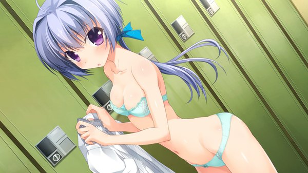 Anime picture 1920x1080 with berry's satou natsuki nanao naru single long hair looking at viewer blush highres open mouth light erotic wide image purple eyes twintails blue hair game cg dutch angle underwear only green background locker room girl