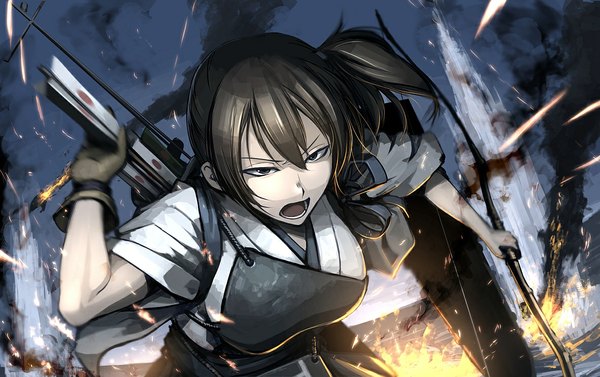 Anime picture 1182x744 with kantai collection kaga aircraft carrier hetza (hellshock) single short hair open mouth black hair looking away ponytail traditional clothes japanese clothes black eyes side ponytail smoke fighting stance girl weapon sea armor fire