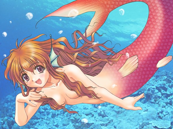 Anime picture 1024x768 with light erotic brown hair brown eyes girl mermaid