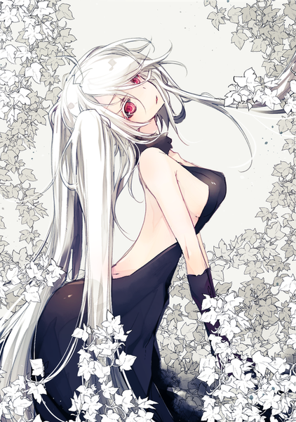 Anime picture 700x995 with original numikko single tall image looking at viewer blush fringe breasts light erotic hair between eyes red eyes large breasts twintails bare shoulders white hair very long hair head tilt grey background sleeveless outstretched arm