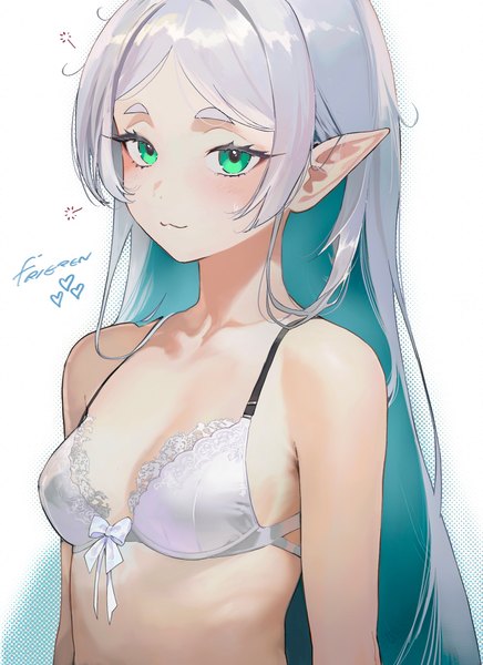Anime picture 1222x1681 with sousou no frieren frieren salmon88 single long hair tall image looking at viewer blush fringe breasts light erotic simple background smile white background green eyes payot silver hair upper body multicolored hair pointy ears