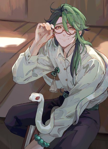 Anime picture 1302x1804 with genshin impact baizhu (genshin impact) changsheng (genshin impact) 1o8k single long hair tall image looking at viewer fringe smile hair between eyes sitting yellow eyes green hair from above adjusting glasses boy animal shirt glasses