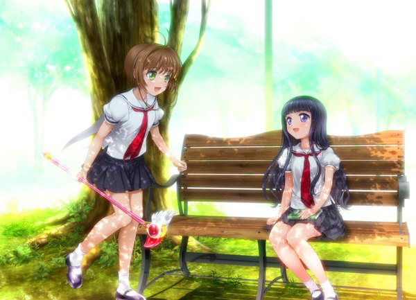 Anime picture 3600x2600 with card captor sakura clamp kinomoto sakura daidouji tomoyo mutsuki (moonknives) long hair blush highres short hair open mouth black hair brown hair purple eyes multiple girls green eyes absurdres girl skirt uniform 2 girls