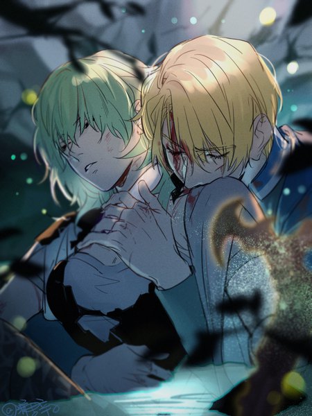 Anime picture 900x1200 with fire emblem fire emblem: three houses nintendo byleth (fire emblem) dimitri alexandre blaiddyd byleth (female) (fire emblem) enlightened byleth (female) rinv krs tall image fringe blonde hair hair between eyes upper body eyes closed head tilt green hair blurry hug blood on face bloody clothes