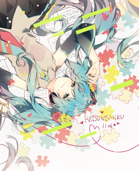 Anime picture 1300x1597 with vocaloid hatsune miku omutatsu single tall image twintails very long hair nail polish aqua eyes light smile aqua hair character names happy birthday heart of string girl detached sleeves necktie heart headphones star (symbol)