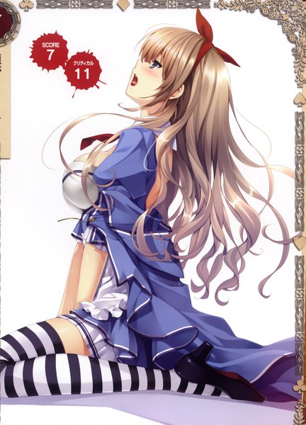 Anime picture 1613x2238 with queen's blade queen's blade rebellion alicia (queen's blade) misaki kurehito single long hair tall image blush breasts open mouth blue eyes brown hair sitting game cg profile scan shadow zettai ryouiki wavy hair girl