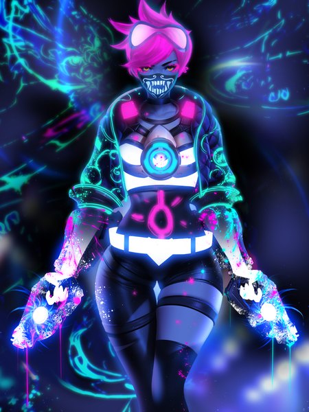 Anime picture 3000x4000 with league of legends overwatch blizzard entertainment k/da (league of legends) akali (league of legends) tracer (overwatch) k/da akali liang xing single tall image looking at viewer fringe highres short hair light erotic standing holding yellow eyes pink hair realistic