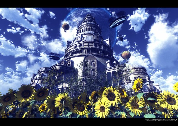 Anime picture 1440x1024 with original koala (pixiv) sky cloud (clouds) inscription letterboxed no people landscape architecture plant (plants) tree (trees) sunflower planet aircraft hot air balloons