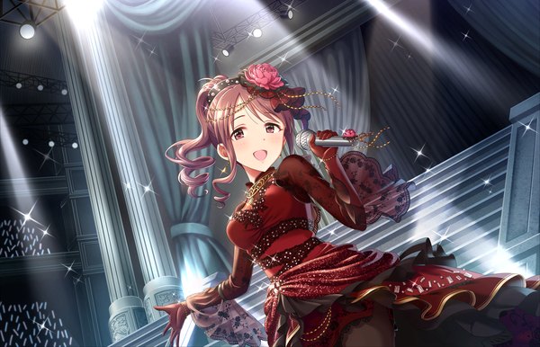 Anime picture 1280x824 with idolmaster idolmaster cinderella girls idolmaster cinderella girls starlight stage mifune miyu single long hair blush open mouth brown hair brown eyes ponytail hair flower drill hair rouge couture girl dress gloves hair ornament flower (flowers) elbow gloves