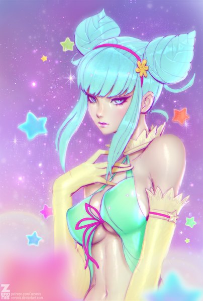 Anime picture 641x950 with girl (anime expo) kami-sama (girl) paul (shiramune) single tall image looking at viewer short hair breasts blue eyes light erotic lips realistic aqua hair lipstick pink lipstick girl gloves elbow gloves headband