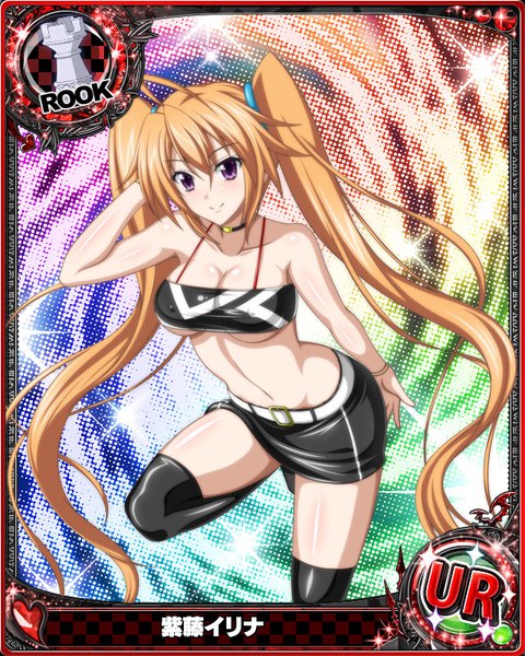 Anime picture 640x800 with highschool dxd shidou irina single tall image looking at viewer blush breasts light erotic smile brown hair purple eyes twintails very long hair midriff card (medium) girl thighhighs skirt navel black thighhighs