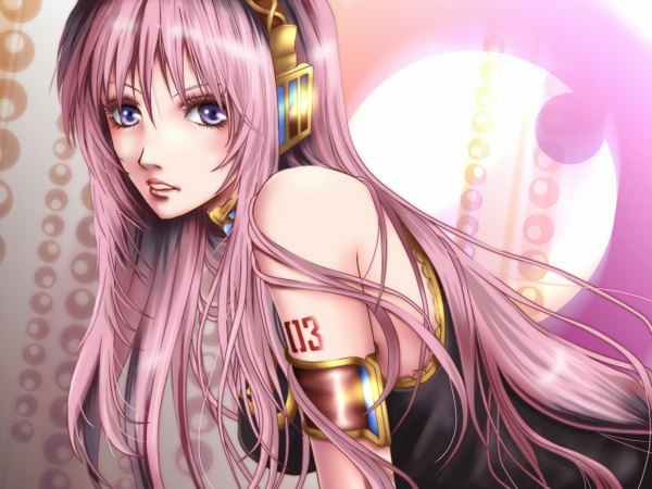 Anime picture 1280x960 with vocaloid megurine luka single long hair blue eyes bare shoulders pink hair girl headphones