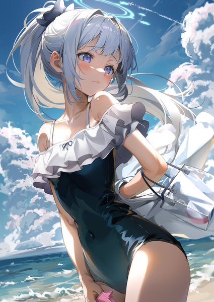 Anime-Bild 2658x3751 mit blue archive miyako (blue archive) miyako (swimsuit) (blue archive) imsaibo3 single long hair tall image blush fringe highres standing purple eyes holding payot sky cloud (clouds) outdoors white hair ponytail blunt bangs