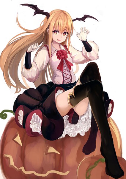 Anime picture 1240x1754 with shingeki no bahamut granblue fantasy vampy lumo 1121 single long hair tall image looking at viewer fringe open mouth simple background blonde hair smile red eyes white background sitting yellow eyes payot long sleeves pointy ears