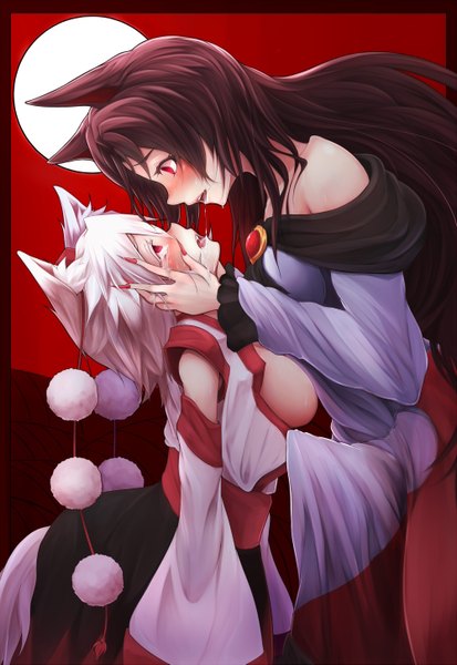 Anime picture 1000x1451 with touhou inubashiri momiji imaizumi kagerou teko long hair tall image blush short hair breasts open mouth light erotic red eyes brown hair large breasts standing bare shoulders multiple girls animal ears white hair tail