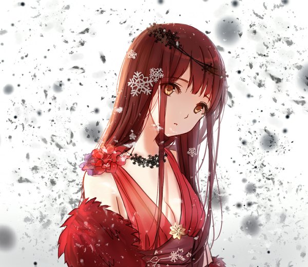 Anime picture 900x780 with ametani long hair looking at viewer fringe brown hair brown eyes head tilt snowing girl dress hair ornament choker fur red dress snowflake (snowflakes) snowflake hair ornament