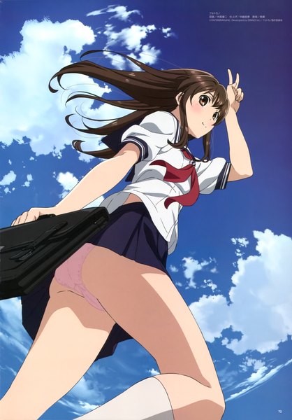 Anime picture 2848x4084 with photokano megami magazine niimi haruka oodate kouji single long hair tall image looking at viewer highres light erotic black hair smile brown eyes sky cloud (clouds) looking back turning head victory cameltoe girl