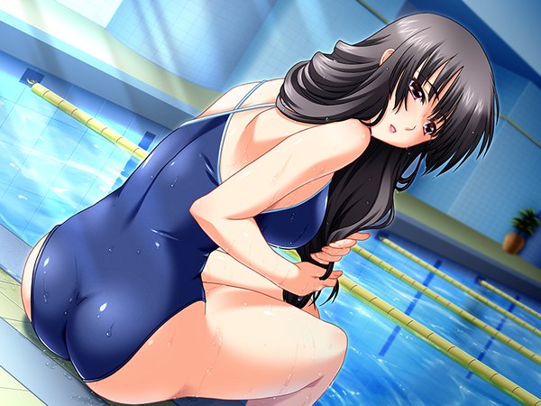Anime picture 1200x900 with school 3 (game) long hair light erotic black hair purple eyes game cg girl swimsuit one-piece swimsuit school swimsuit