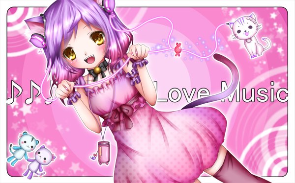 Anime picture 1681x1050 with shitou blush short hair open mouth wide image animal ears yellow eyes purple hair tail cat ears cat tail girl dress cat wire (wires)