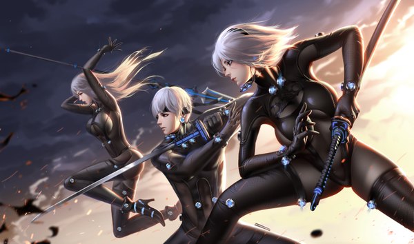 Anime picture 5931x3500 with gantz nier nier:automata gonzo yorha no. 2 type b yorha type a no. 2 yorha no. 9 type s liang xing long hair highres short hair open mouth blue eyes light erotic wide image purple eyes multiple girls holding looking away absurdres
