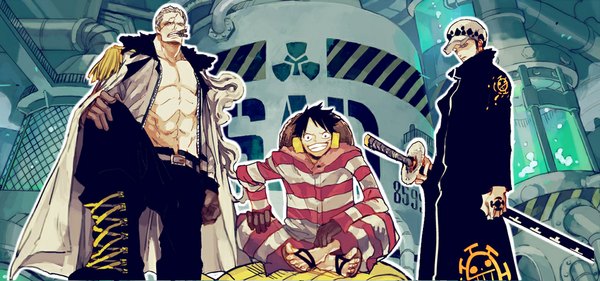 Anime picture 1000x469 with one piece toei animation monkey d. luffy trafalgar law smoker (one piece) natsume (ntm 62) looking at viewer short hair black hair smile wide image white hair multiple boys teeth tattoo scar striped boy gloves uniform