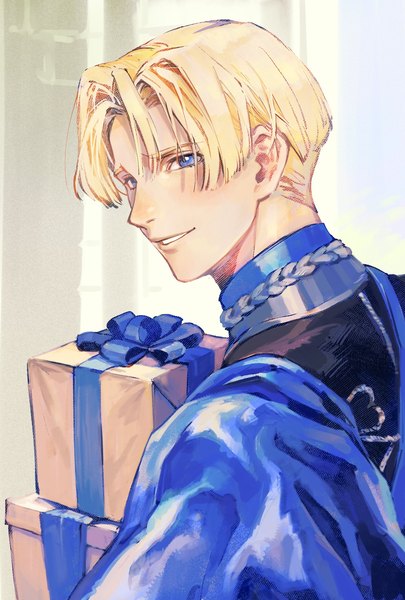Anime picture 1378x2039 with fire emblem fire emblem: three houses nintendo dimitri alexandre blaiddyd kin mokusei single tall image blush fringe short hair blue eyes blonde hair smile hair between eyes looking away upper body parted lips turning head boy gift