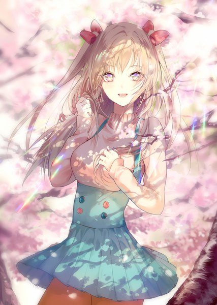 Anime picture 780x1095 with original kinokohime single long hair tall image looking at viewer blush fringe breasts open mouth blonde hair smile standing long sleeves nail polish :d pleated skirt pink eyes two side up holding hair