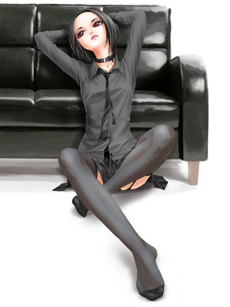 Anime picture 1000x1333 with nana madhouse osaki nana pi (pppppchang) single tall image short hair black hair red eyes sitting looking away lips girl thighhighs black thighhighs necktie armchair chemise