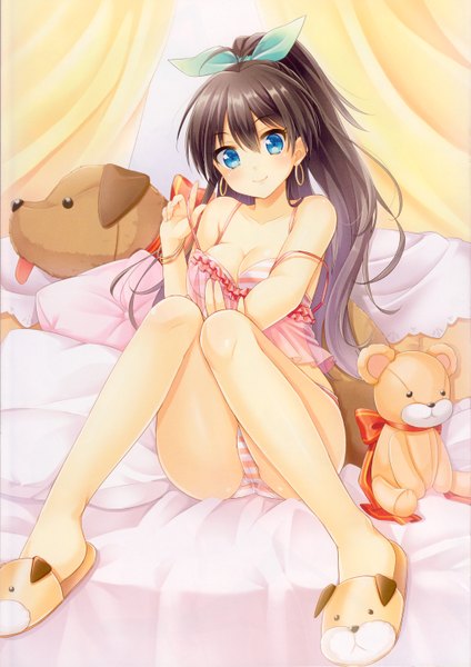 Anime picture 2119x3000 with idolmaster ganaha hibiki k.y ko single long hair tall image looking at viewer blush fringe highres breasts blue eyes light erotic black hair smile cleavage ponytail underwear only strap slip knees together feet apart