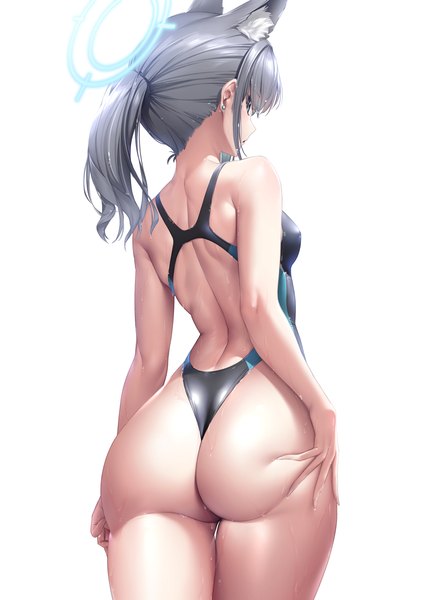 Anime picture 1447x2047 with blue archive shiroko (blue archive) shiroko (swimsuit) (blue archive) ken ill single long hair tall image looking at viewer fringe breasts blue eyes light erotic simple background standing white background animal ears payot ass ponytail looking back