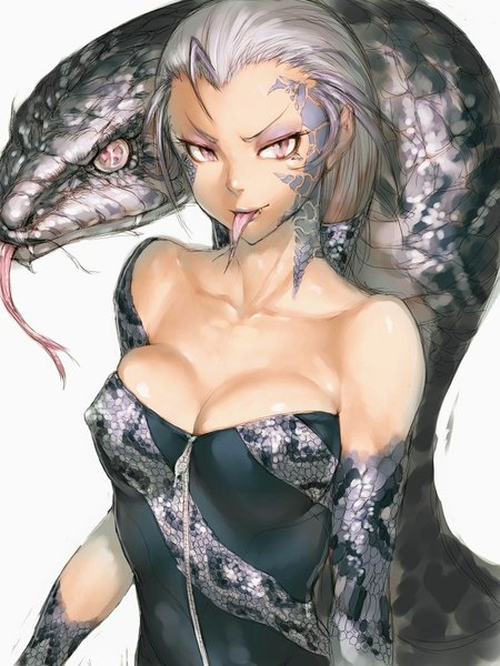 Anime picture 768x1024 with original fumio (rsqkr) long hair tall image looking at viewer breasts light erotic simple background bare shoulders silver hair pink eyes teeth erect nipples covered nipples eyeshadow sharp teeth girl animal tongue snake