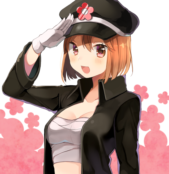 Anime picture 970x1000 with original shigure ui single tall image looking at viewer blush fringe short hair open mouth light erotic simple background smile hair between eyes brown hair white background :d floral background salute girl gloves