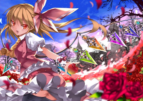 Anime picture 1000x706 with touhou flandre scarlet karlwolf single short hair open mouth blonde hair red eyes girl thighhighs dress skirt flower (flowers) bow black thighhighs hair bow petals wings skirt set apple