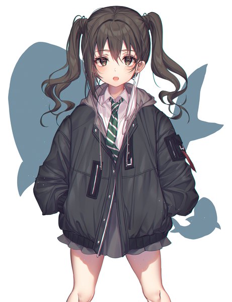 Anime picture 1500x1950 with idolmaster idolmaster cinderella girls sunazuka akira kinty single long hair tall image looking at viewer blush fringe open mouth simple background hair between eyes brown hair standing white background twintails brown eyes payot pleated skirt