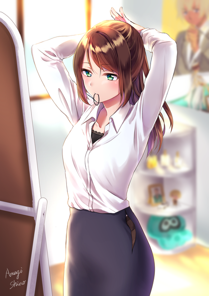 Anime picture 1505x2125 with original amagi shino single long hair tall image blush fringe breasts brown hair standing holding green eyes signed payot looking away indoors long sleeves blurry arms up depth of field