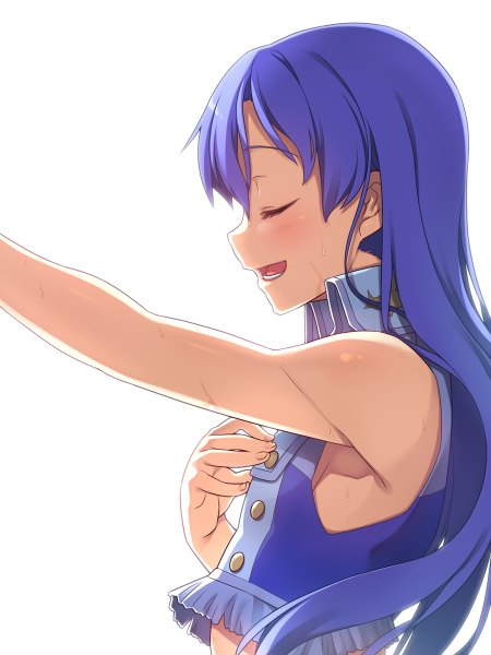 Anime picture 900x1200 with idolmaster kisaragi chihaya racer (magnet) single long hair tall image blush simple background white background blue hair eyes closed sweat outstretched arm hand on chest girl vest