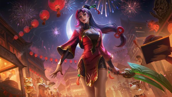 Anime picture 4096x2304 with league of legends diana (league of legends) long hair highres black hair wide image purple eyes holding looking away pink hair absurdres outdoors traditional clothes multicolored hair realistic night from below hair bun (hair buns) streaked hair night sky