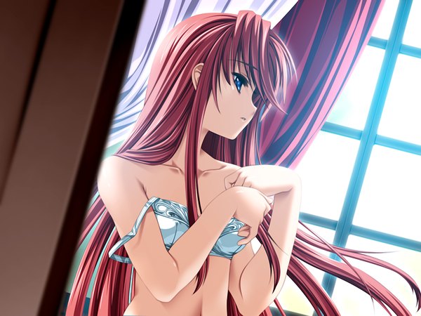 Anime picture 1200x900 with long hair blue eyes light erotic looking away game cg red hair undressing waiting girl window