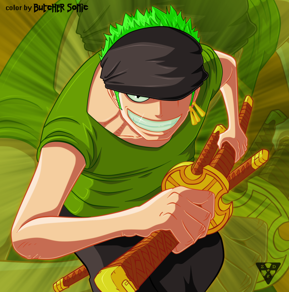 Anime picture 2000x2022 with one piece toei animation roronoa zoro butchersonic single tall image highres short hair smile green hair black eyes grin coloring piercing zoom layer boy weapon earrings sword katana